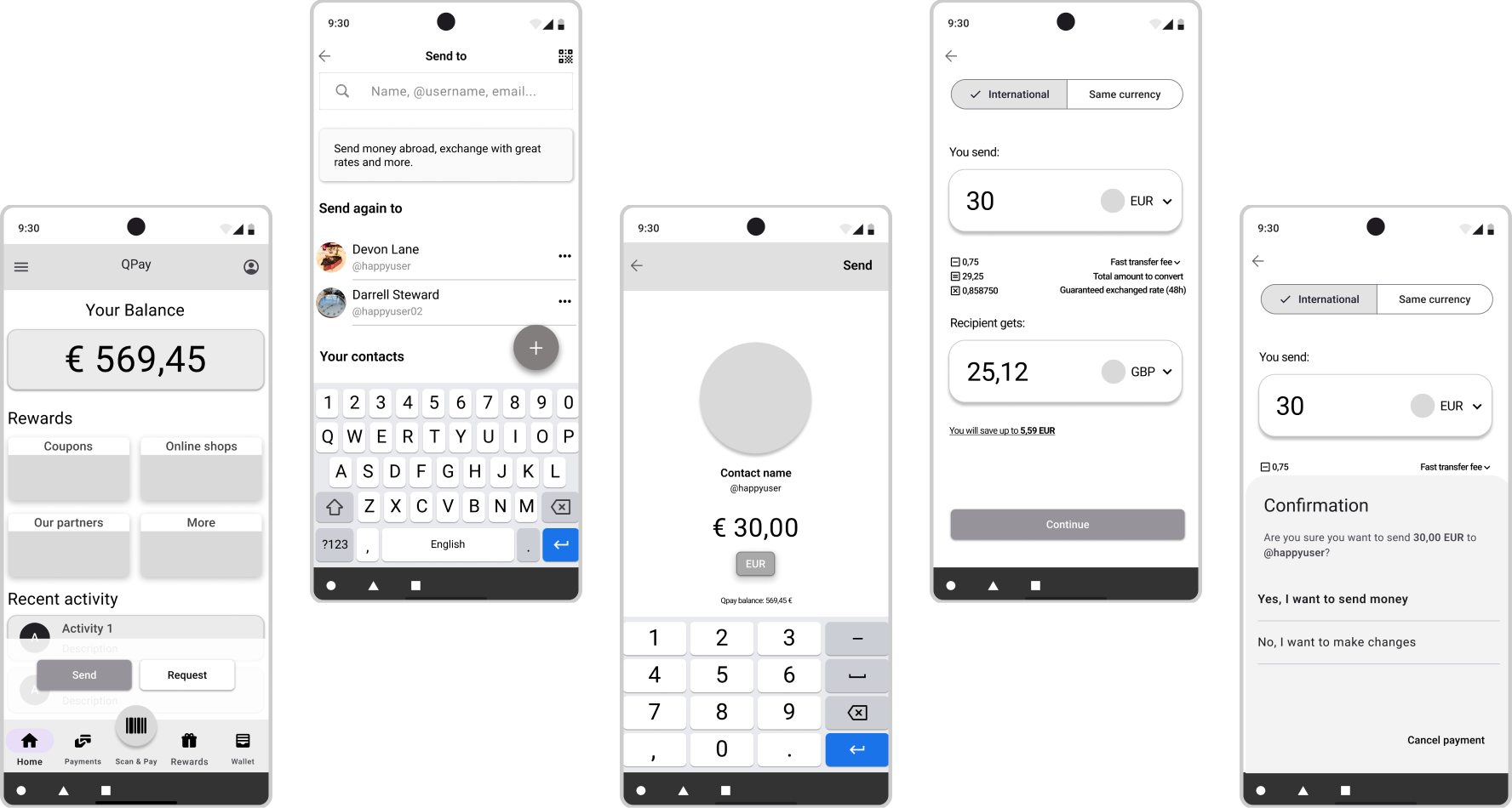 Qpay Android - Low/Mid Wireframes design