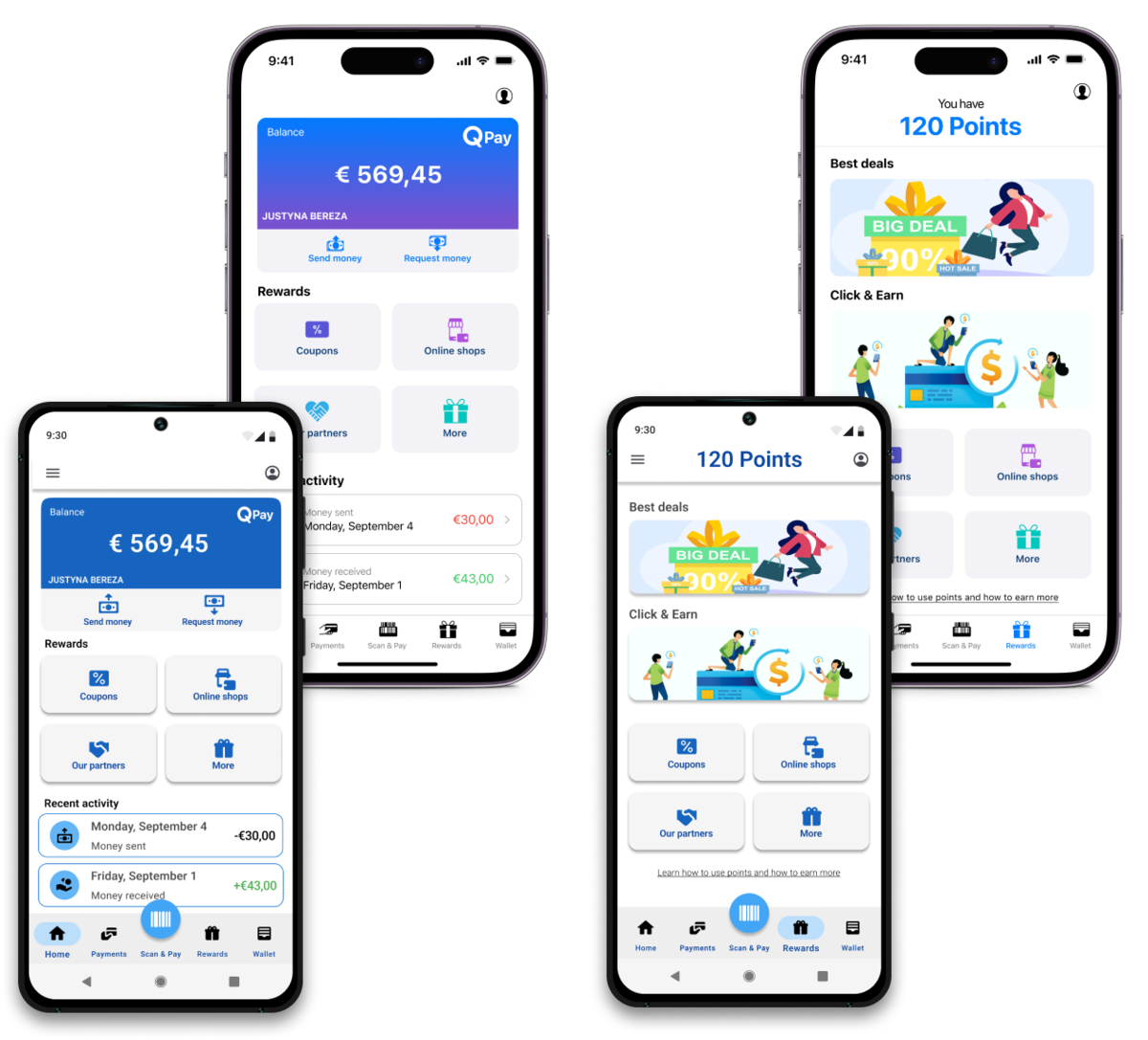 QPay app designs for iOS and Android