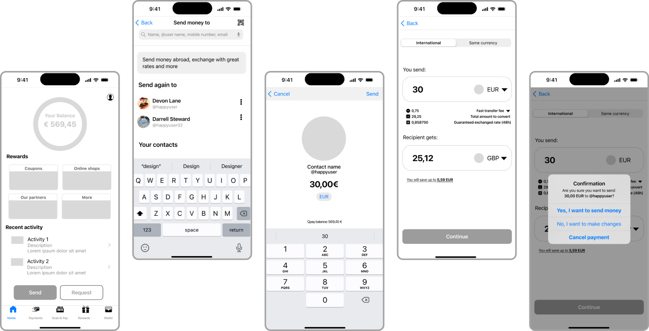Qpay iOS - Low/Mid Wireframes design
